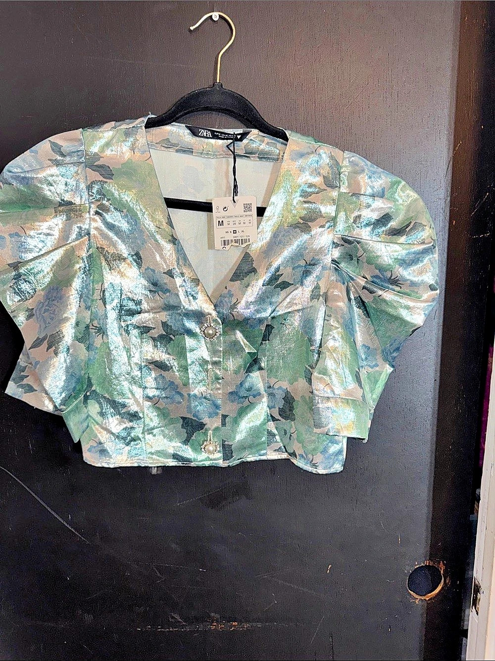 Zara Floral Cropped Jacket in Green & Silver Size Medium Like New